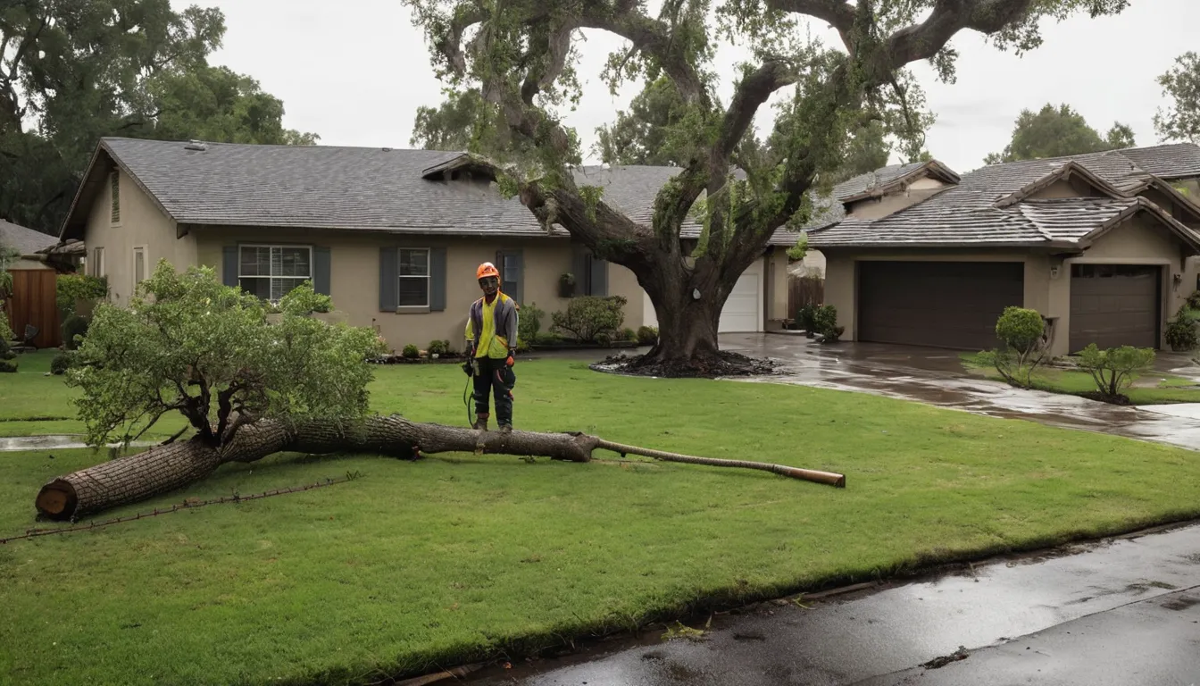 A local provider using ropes and a chainsaw to safely remove a storm-damaged tree beside a stucco home in West Sacramento