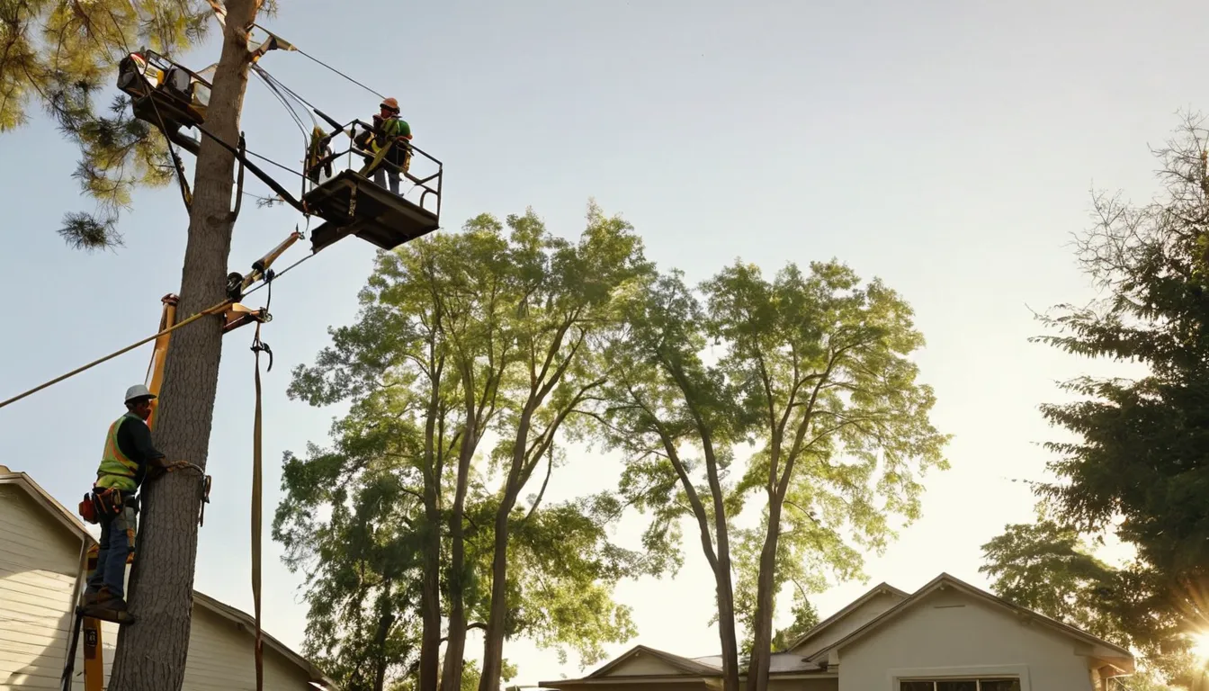 A tree removal provider working safely on a large tree beside a stucco home in West Sacramento