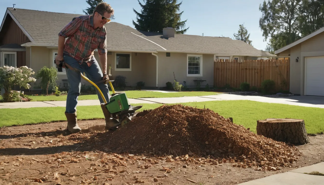 A local provider grinding a tree stump in a West Sacramento backyard with a stucco ranch home behind