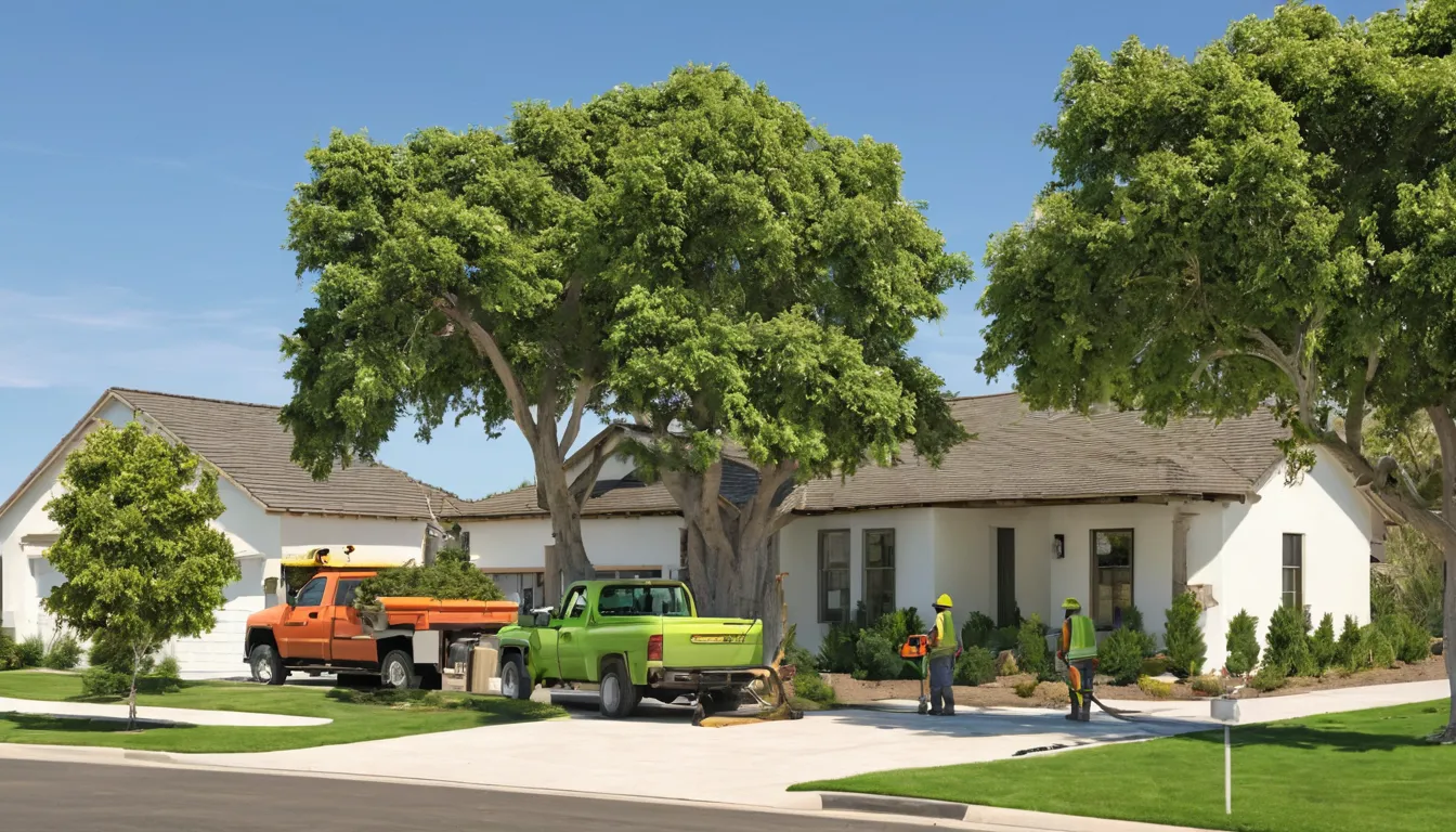 A local tree removal provider safely lowering a large tree section beside a stucco ranch home in West Sacramento